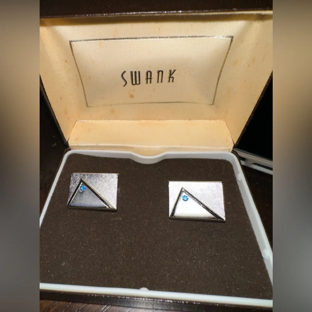 Vintage Vintage Swank Silver Tone Cuff Links Set w/ Blue Stones and Case